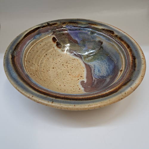 Click to view detail for #260213 Serving Bowl Abstract Blue & Red on Tan $22